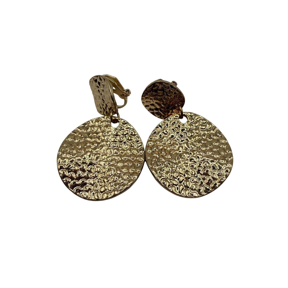 Gold Hammered Metal Textured Disc Drop Clip On Earrings Statement Retro 80s Glam